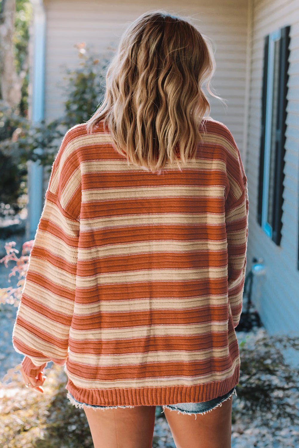 Orange Striped Ribbed Trim Drop Shoulder Sweater - MAD RUFFI