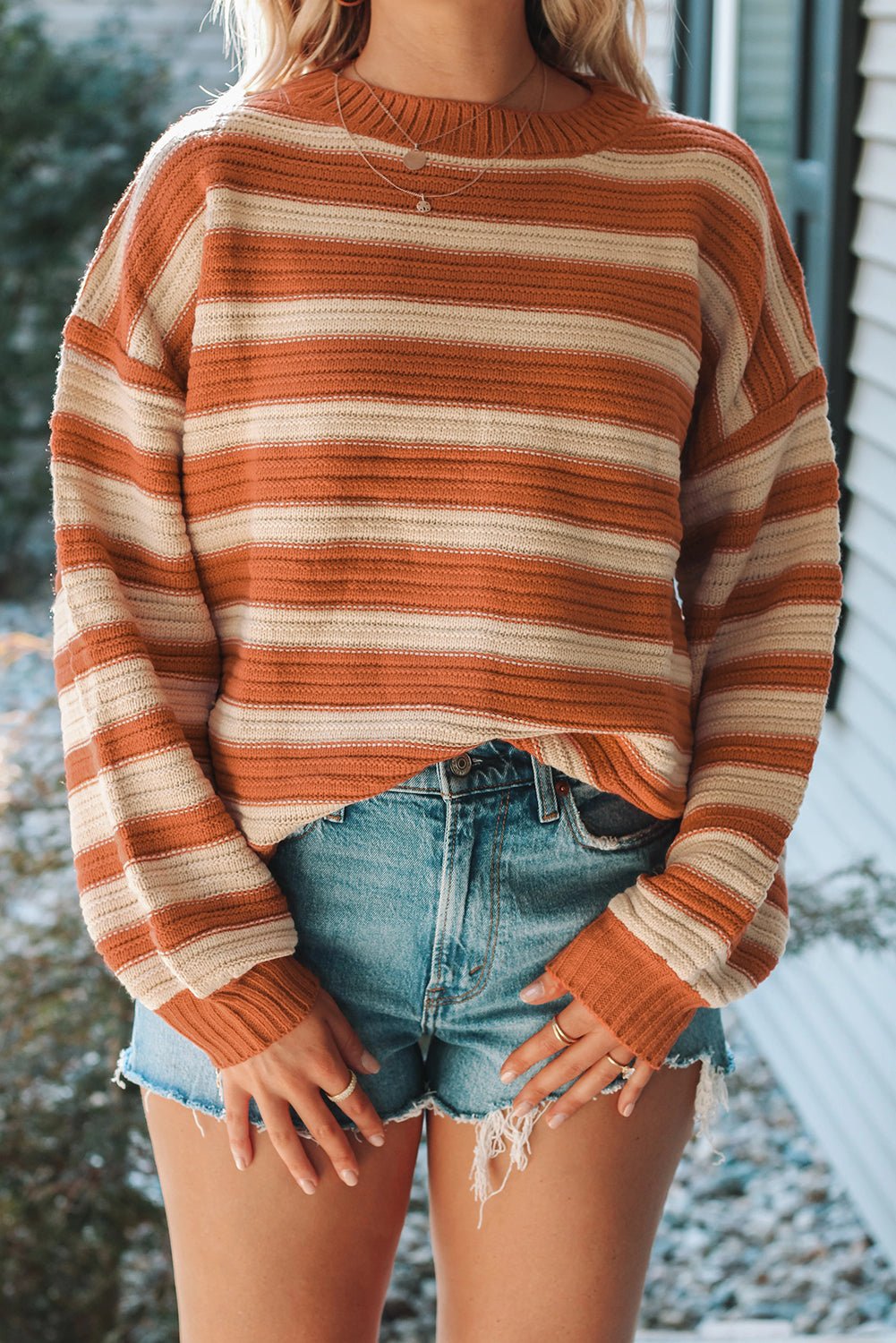 Orange Striped Ribbed Trim Drop Shoulder Sweater - MAD RUFFI