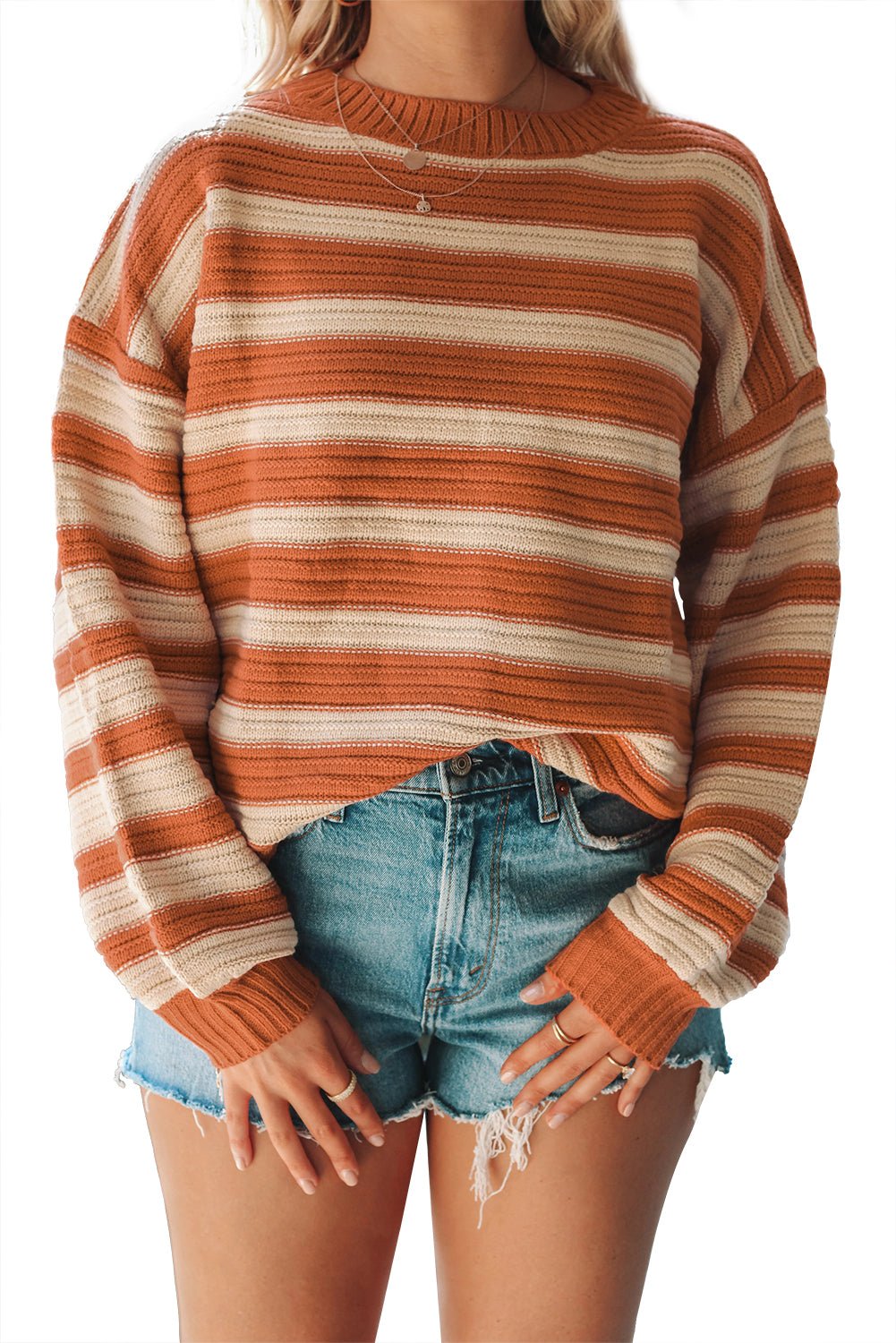 Orange Striped Ribbed Trim Drop Shoulder Sweater - MAD RUFFI