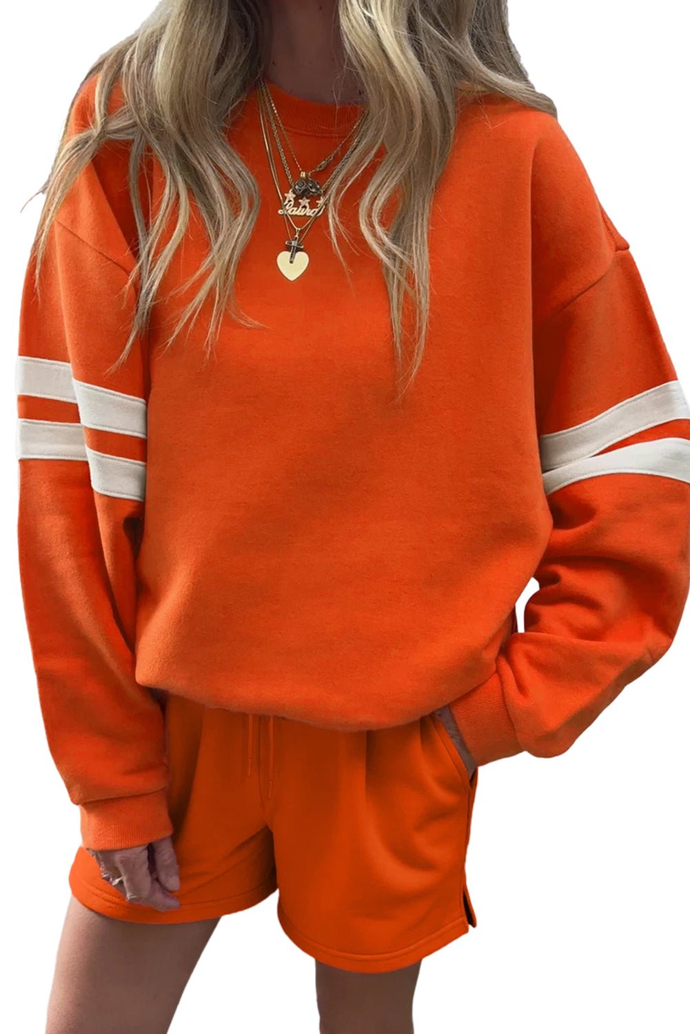 Orange Varsity Striped Sleeve Drop Shoulder Sweatshirt and Shorts Set - MAD RUFFI