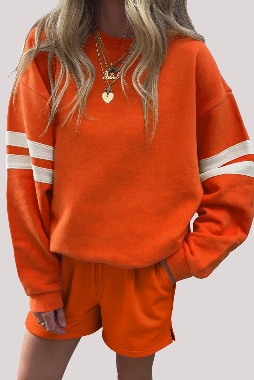 Orange Varsity Striped Sleeve Drop Shoulder Sweatshirt and Shorts Set - MAD RUFFI