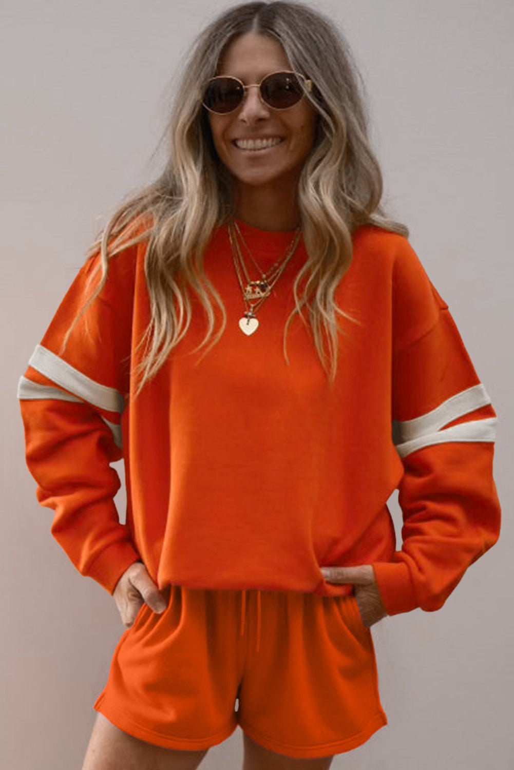 Orange Varsity Striped Sleeve Drop Shoulder Sweatshirt and Shorts Set - MAD RUFFI