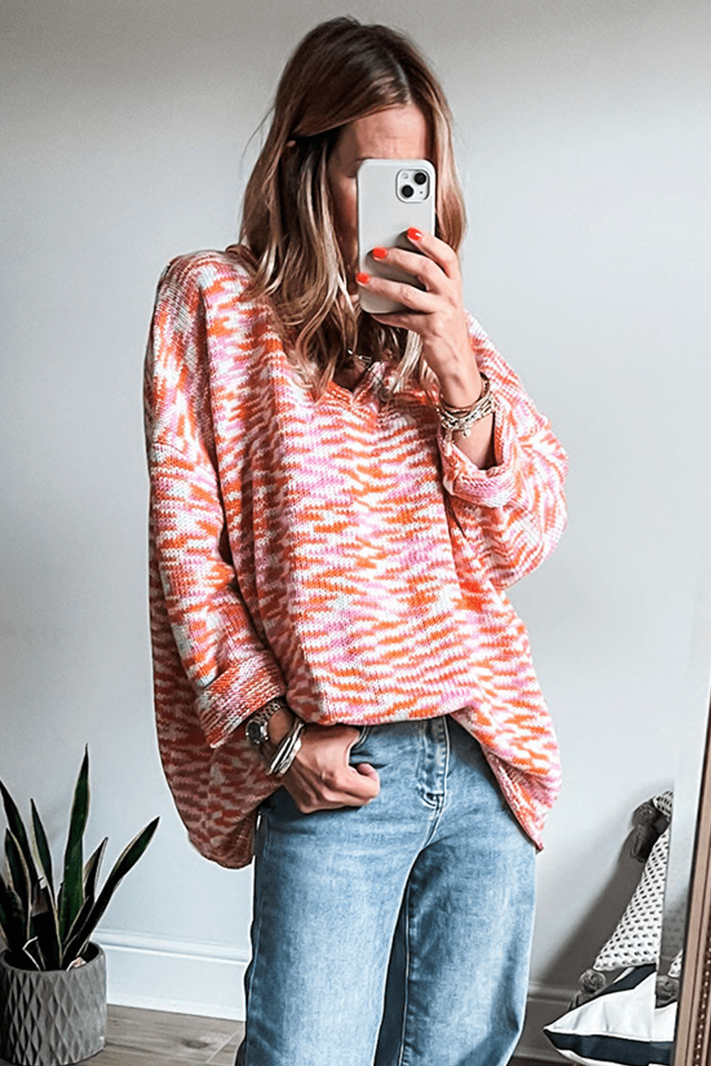 Orange Vibrant Abstract Print Drop Shoulder V Neck Oversized Sweater - MAD RUFFI