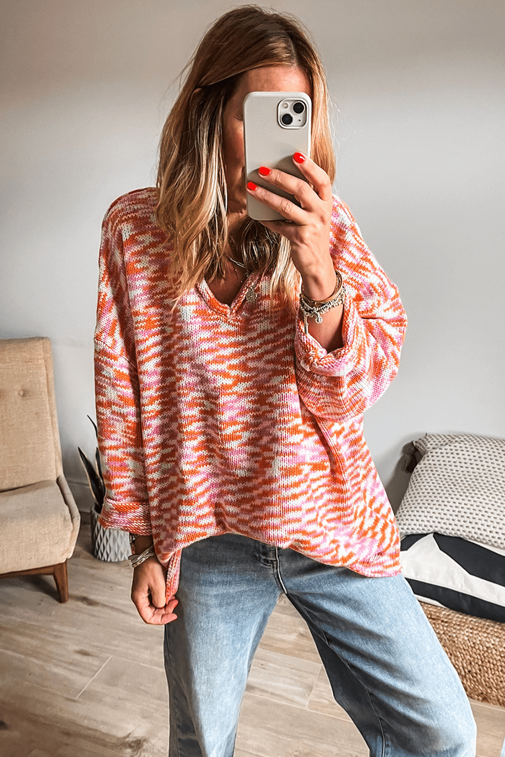 Orange Vibrant Abstract Print Drop Shoulder V Neck Oversized Sweater - MAD RUFFI