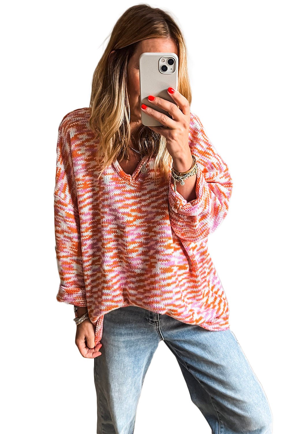 Orange Vibrant Abstract Print Drop Shoulder V Neck Oversized Sweater - MAD RUFFI
