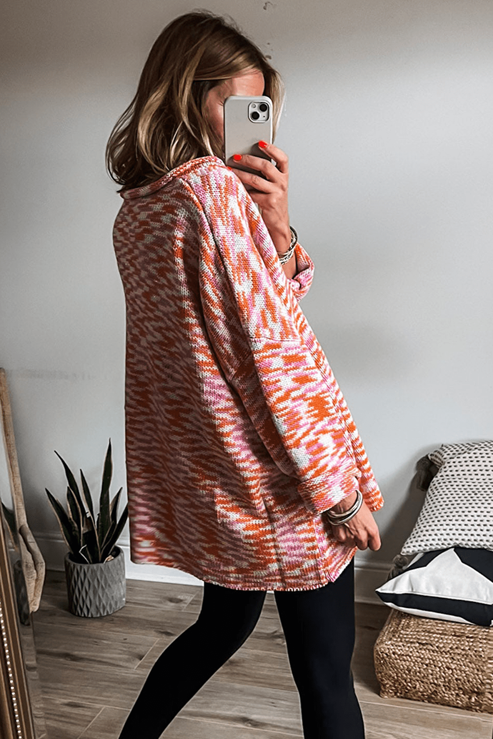 Orange Vibrant Abstract Print Drop Shoulder V Neck Oversized Sweater - MAD RUFFI