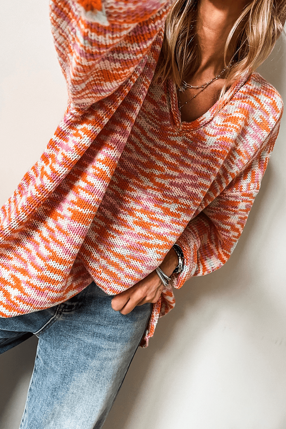 Orange Vibrant Abstract Print Drop Shoulder V Neck Oversized Sweater - MAD RUFFI