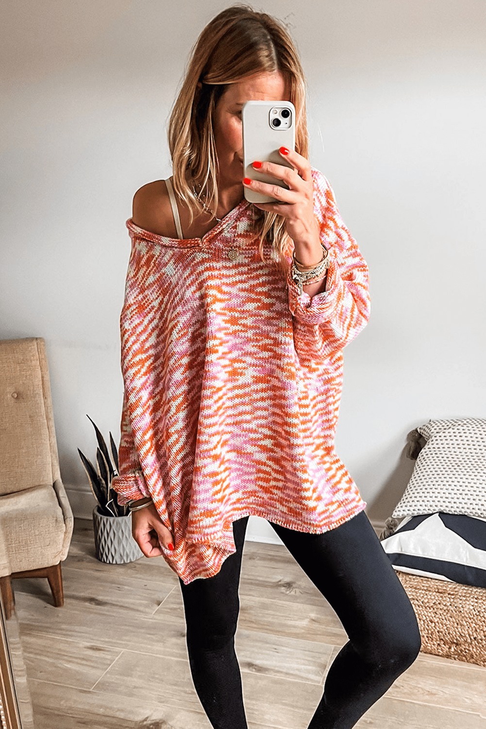 Orange Vibrant Abstract Print Drop Shoulder V Neck Oversized Sweater - MAD RUFFI