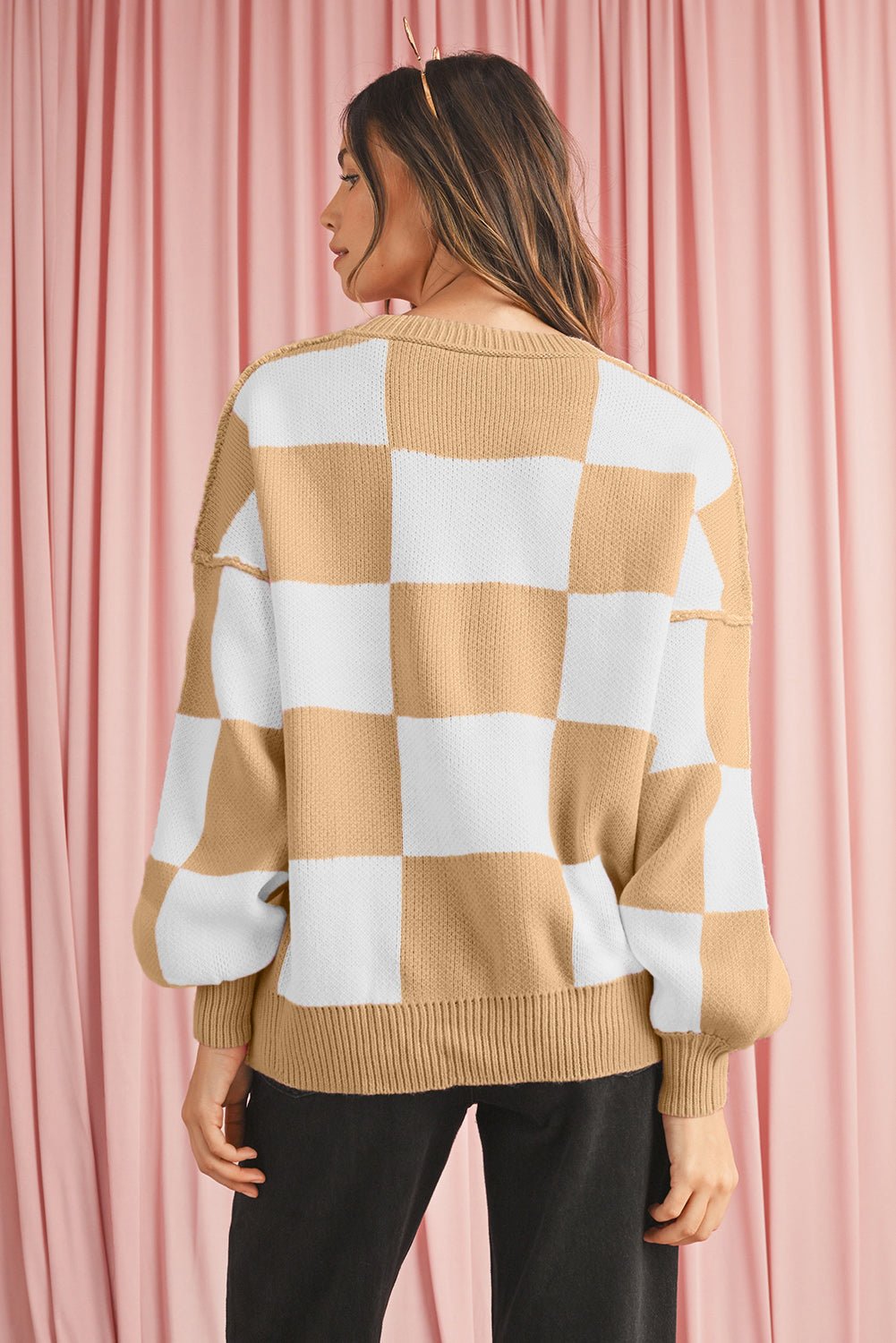 Orange & White Plaid Exposed Seam Bishop Sleeve Sweater - MAD RUFFI