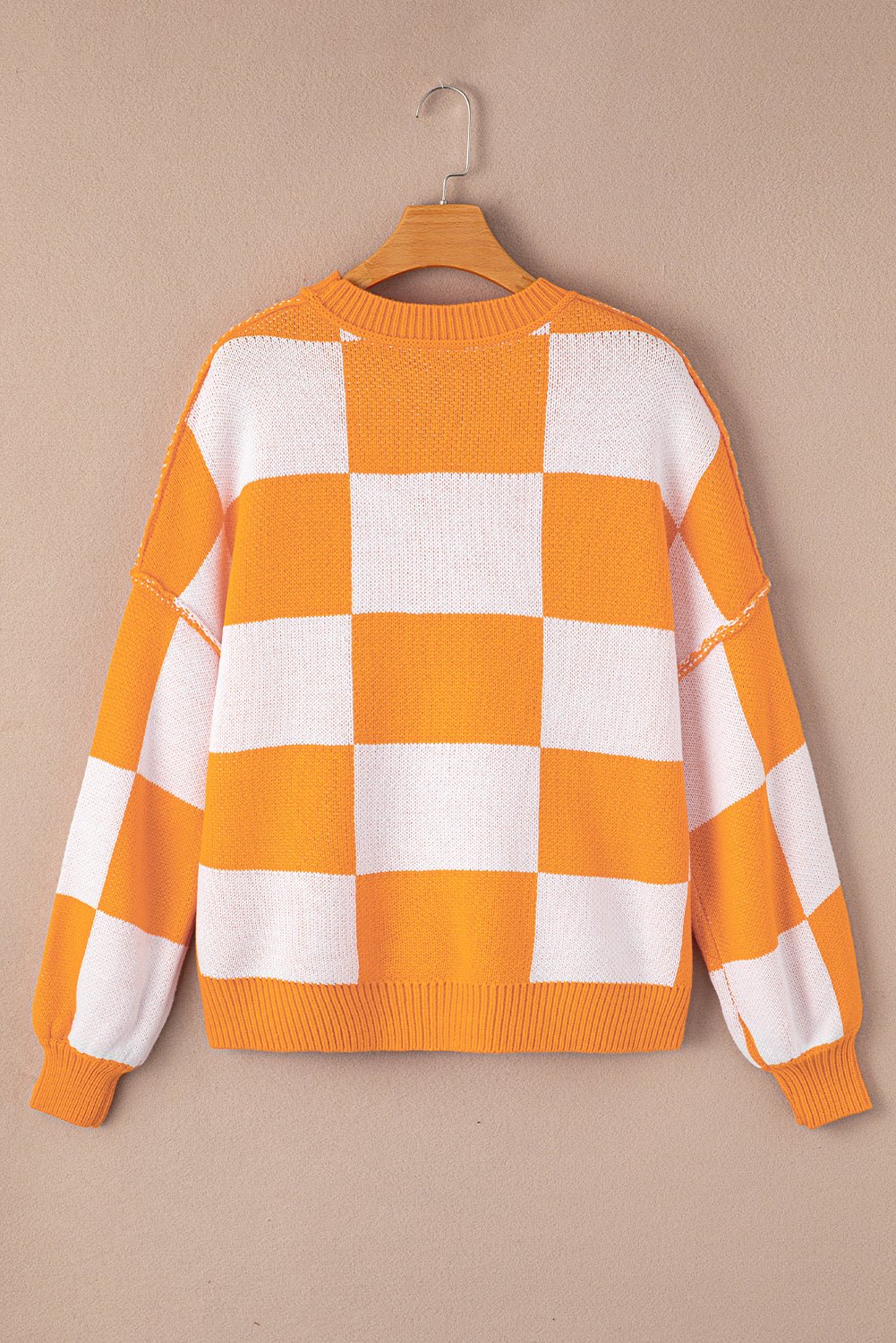 Orange & White Plaid Exposed Seam Bishop Sleeve Sweater - MAD RUFFI
