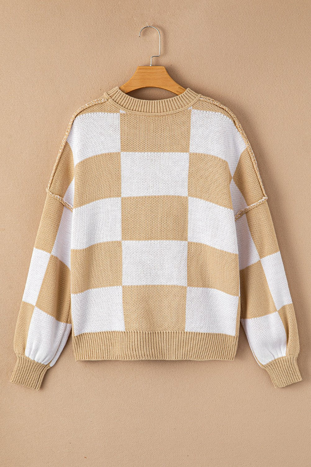 Orange & White Plaid Exposed Seam Bishop Sleeve Sweater - MAD RUFFI