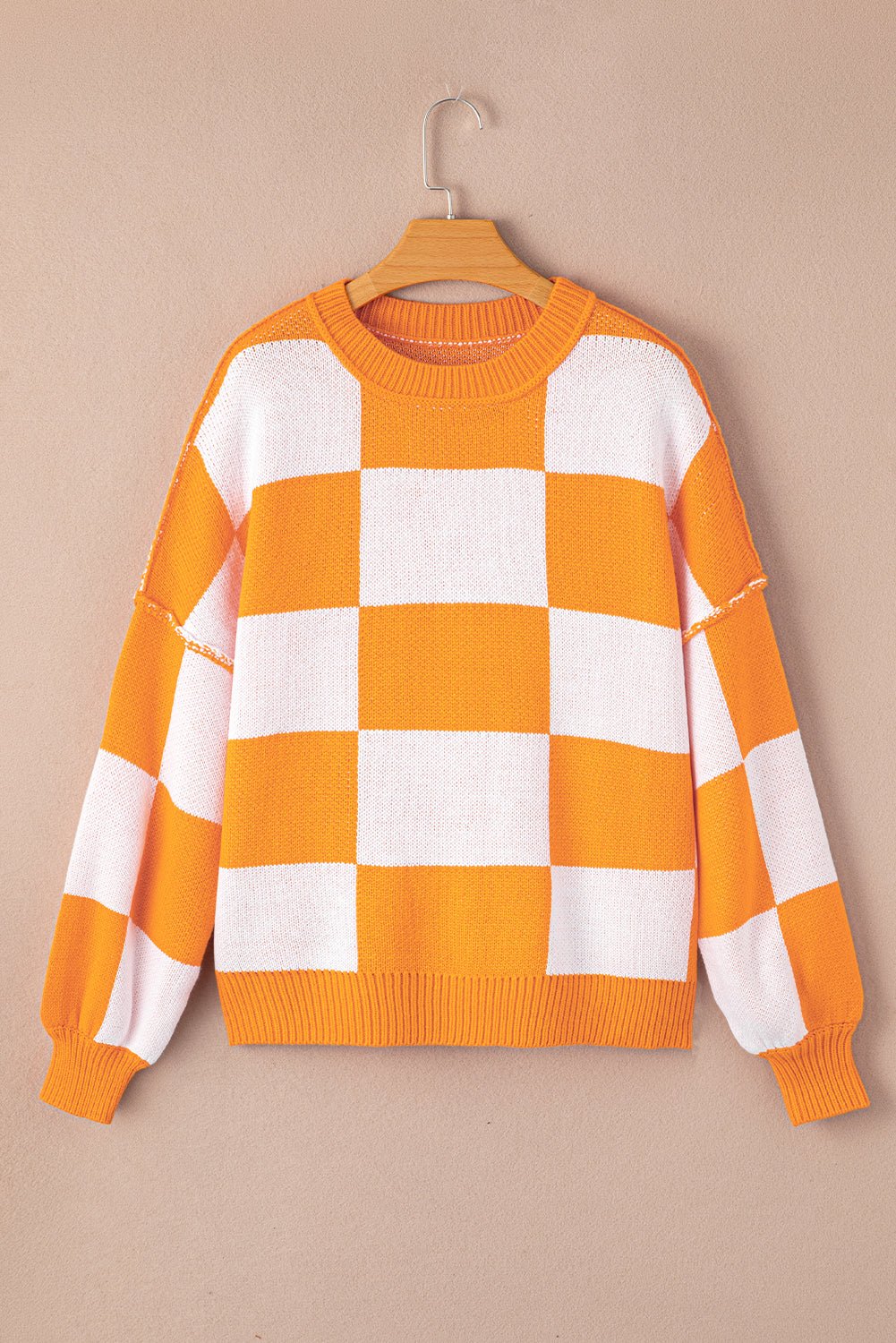 Orange & White Plaid Exposed Seam Bishop Sleeve Sweater - MAD RUFFI