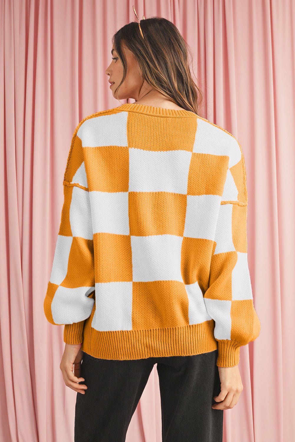 Orange & White Plaid Exposed Seam Bishop Sleeve Sweater - MAD RUFFI