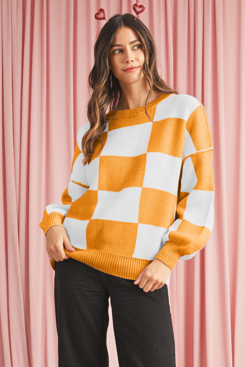 Orange & White Plaid Exposed Seam Bishop Sleeve Sweater - MAD RUFFI