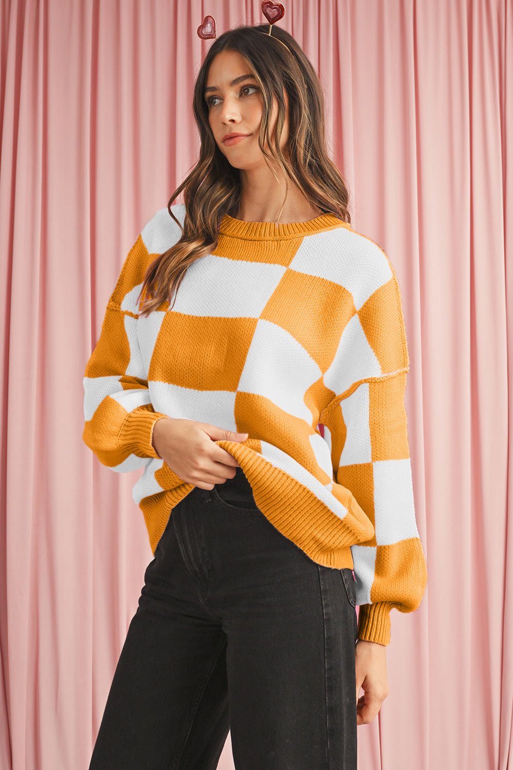 Orange & White Plaid Exposed Seam Bishop Sleeve Sweater - MAD RUFFI