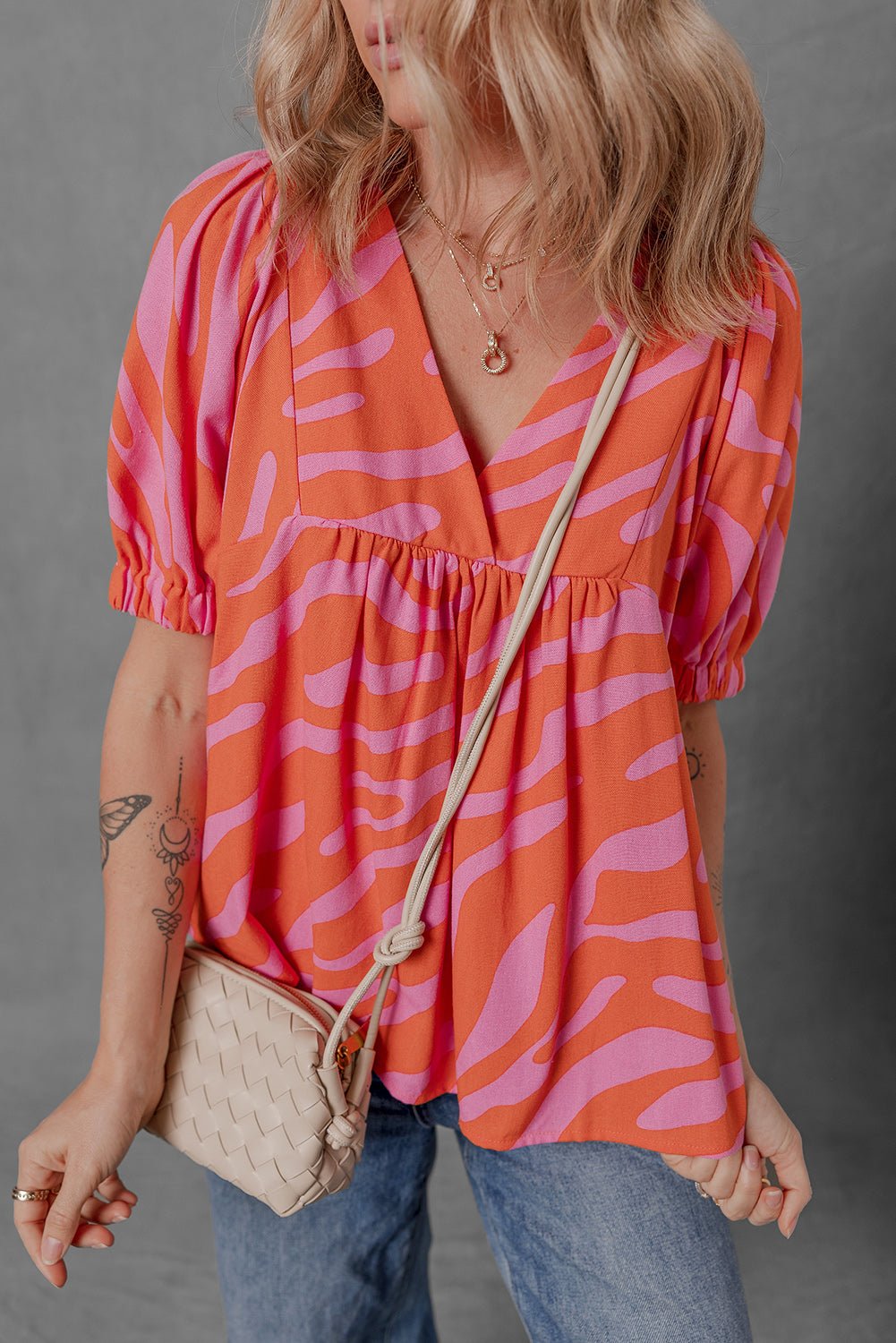 Orange Zebra Stripe Print Ruched Cuff Half Sleeve V Neck Blouse - MAD RUFFI