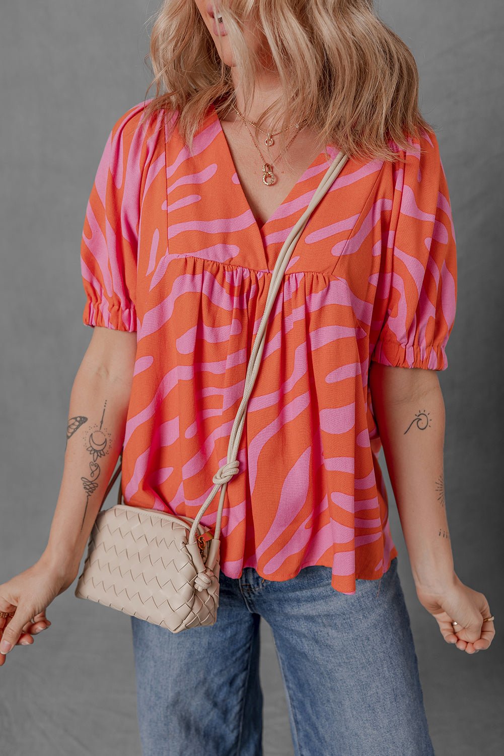 Orange Zebra Stripe Print Ruched Cuff Half Sleeve V Neck Blouse - MAD RUFFI