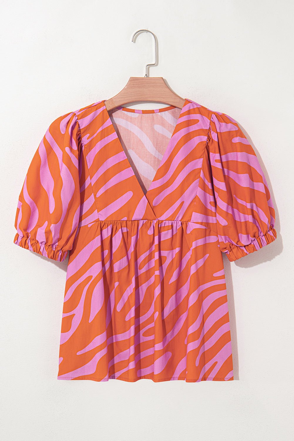 Orange Zebra Stripe Print Ruched Cuff Half Sleeve V Neck Blouse - MAD RUFFI
