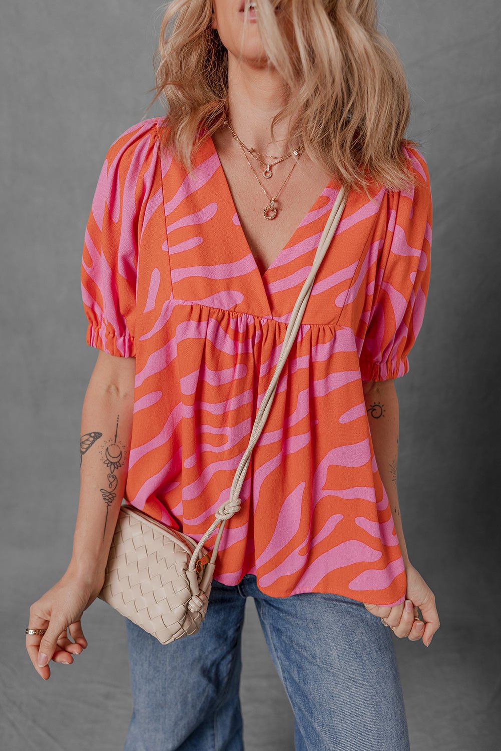 Orange Zebra Stripe Print Ruched Cuff Half Sleeve V Neck Blouse - MAD RUFFI