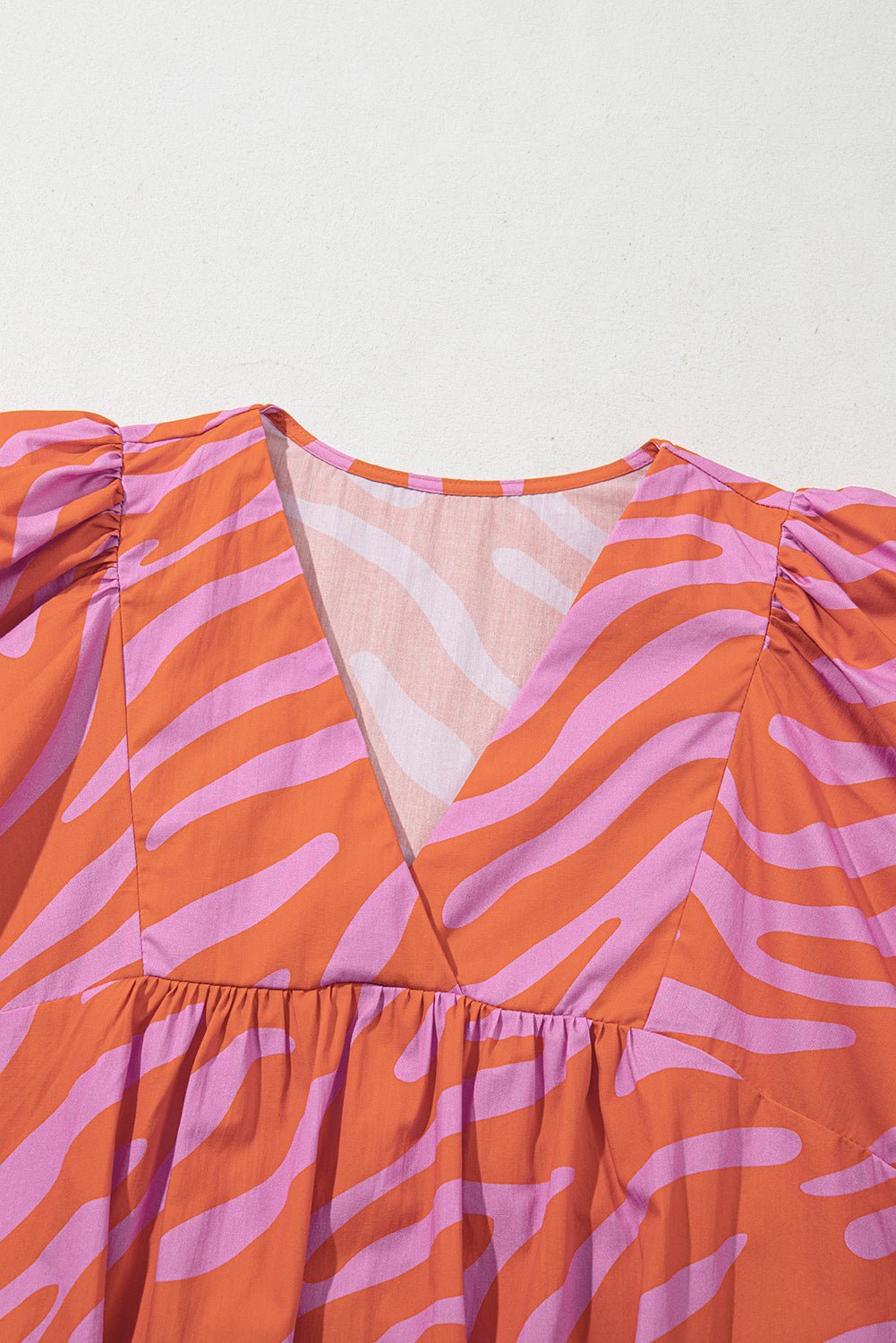 Orange Zebra Stripe Print Ruched Cuff Half Sleeve V Neck Blouse - MAD RUFFI
