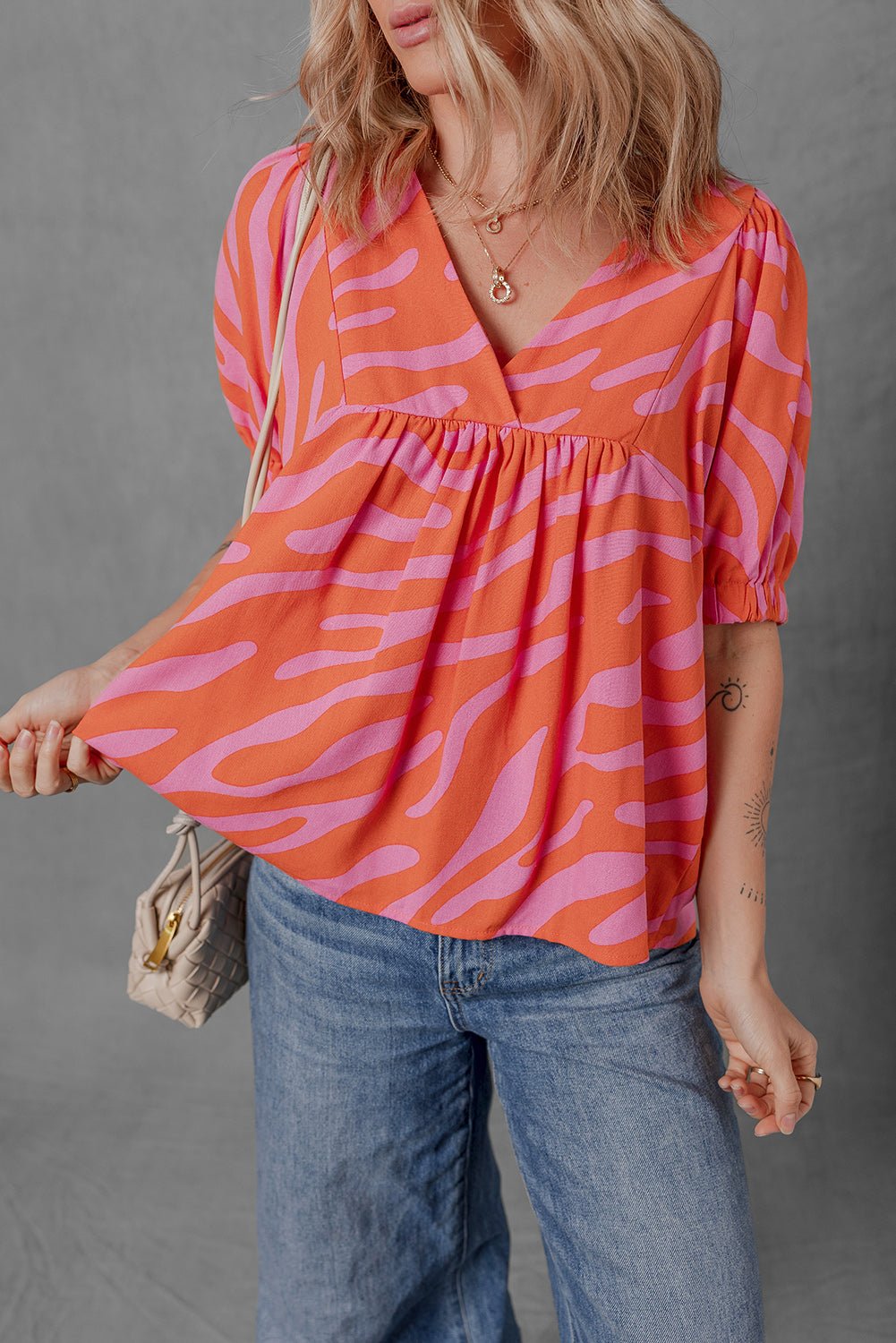 Orange Zebra Stripe Print Ruched Cuff Half Sleeve V Neck Blouse - MAD RUFFI