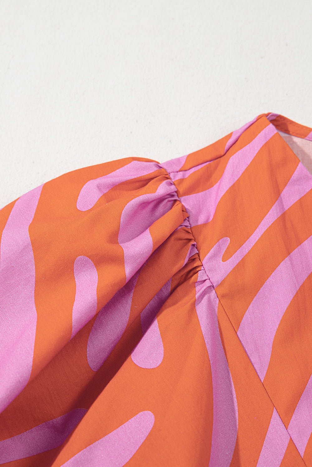 Orange Zebra Stripe Print Ruched Cuff Half Sleeve V Neck Blouse - MAD RUFFI