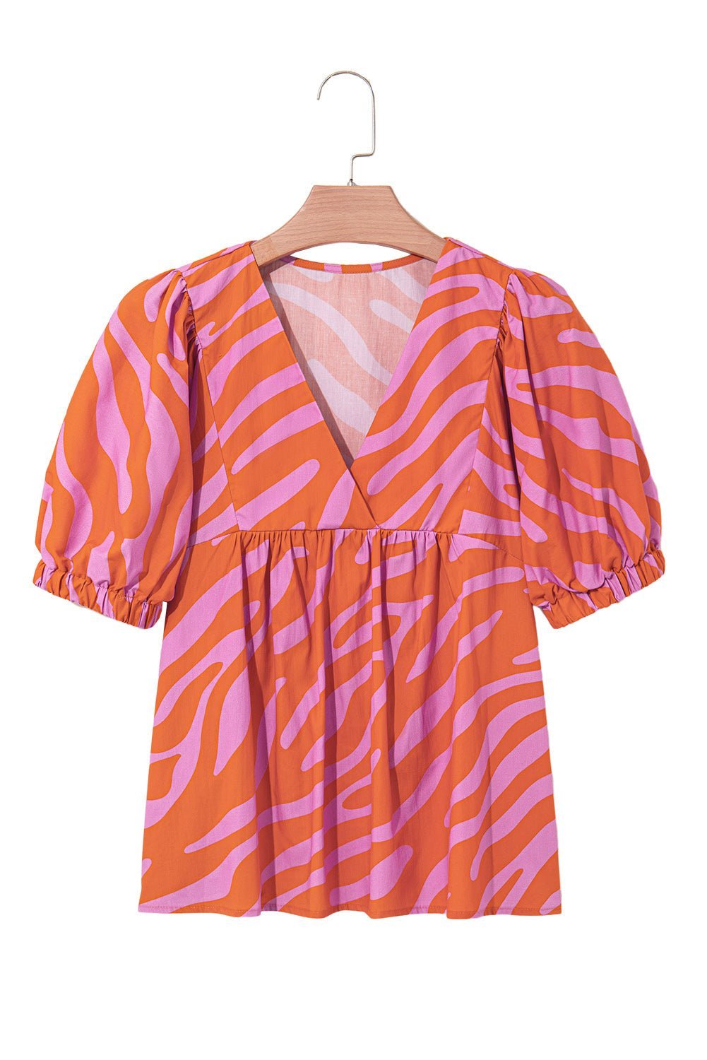 Orange Zebra Stripe Print Ruched Cuff Half Sleeve V Neck Blouse - MAD RUFFI
