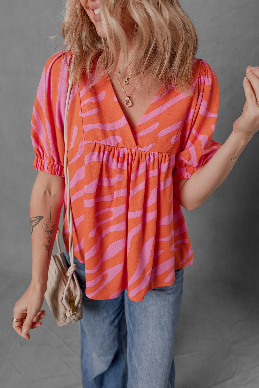 Orange Zebra Stripe Print Ruched Cuff Half Sleeve V Neck Blouse - MAD RUFFI
