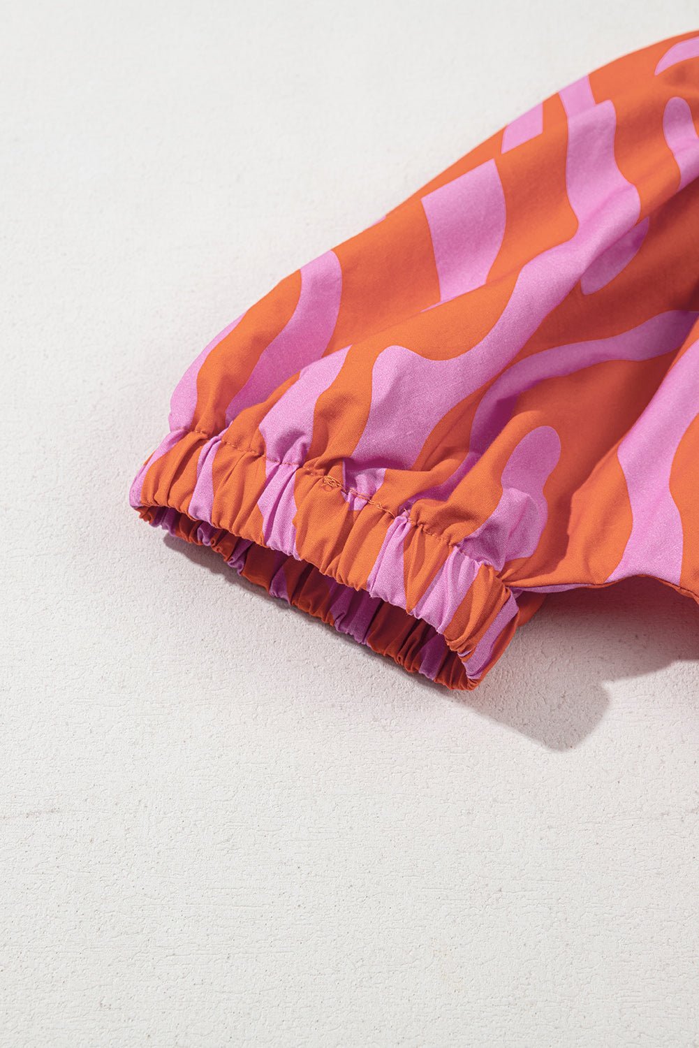 Orange Zebra Stripe Print Ruched Cuff Half Sleeve V Neck Blouse - MAD RUFFI