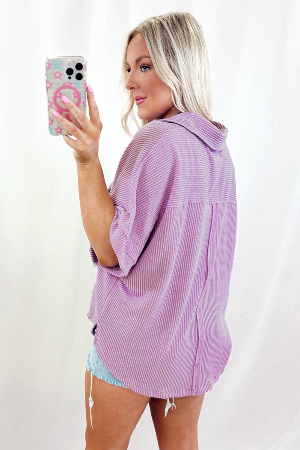 Orchid Bouquet Corded Flap Pocket Collared Buttoned Blouse - MAD RUFFI