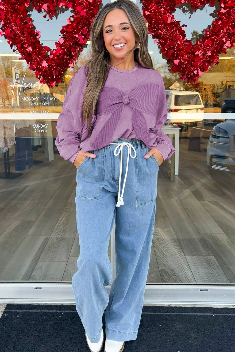 Orchid Bouquet Mineral Wash Waffle Bow Patched Pullover Sweatshirt - MAD RUFFI