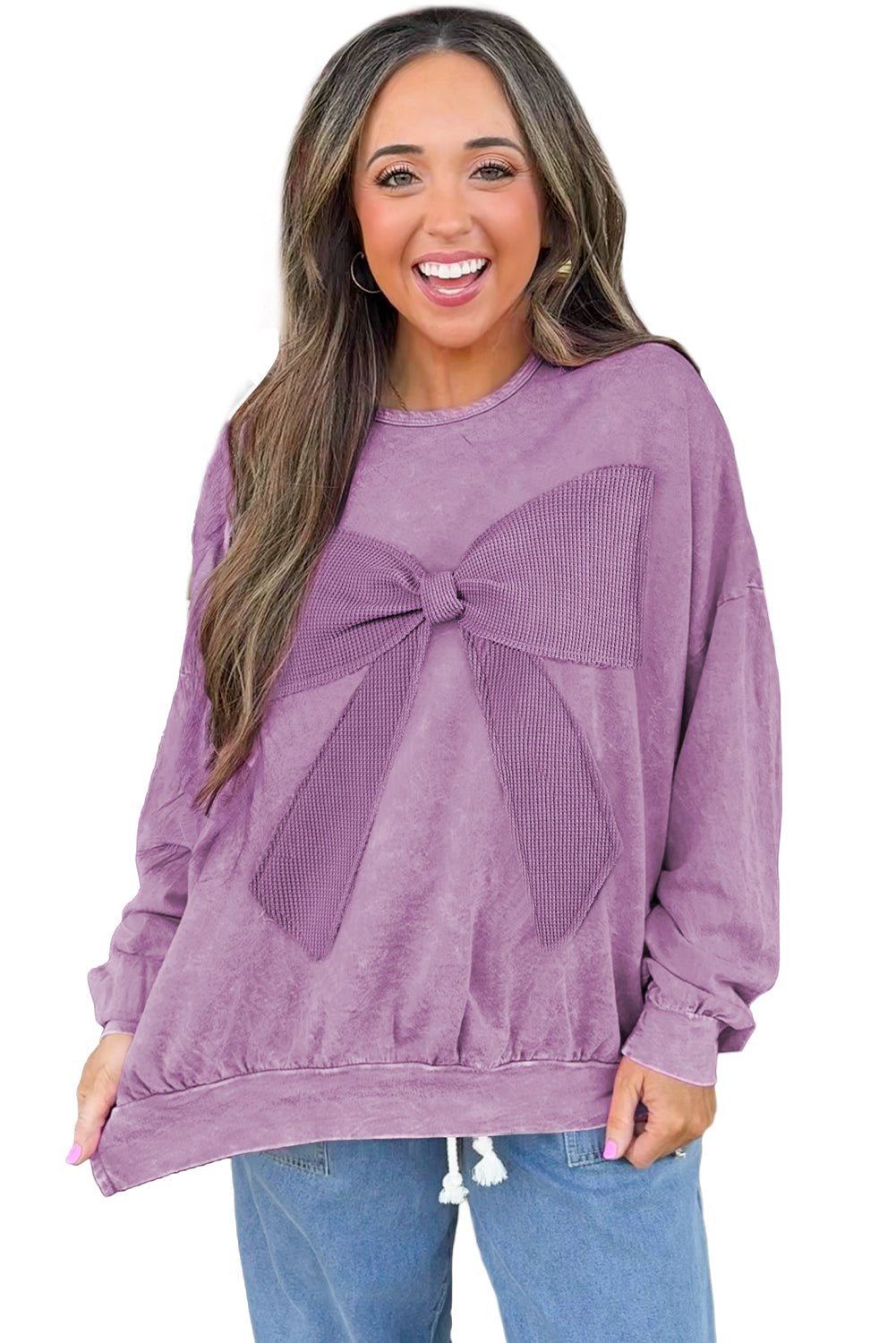 Orchid Bouquet Mineral Wash Waffle Bow Patched Pullover Sweatshirt - MAD RUFFI