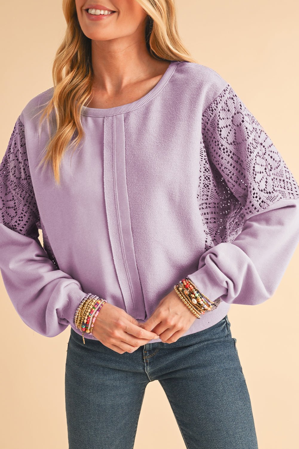Orchid Petal Crochet Patchwork Exposed Seam Ribbed Trim Sweatshirt - MAD RUFFI