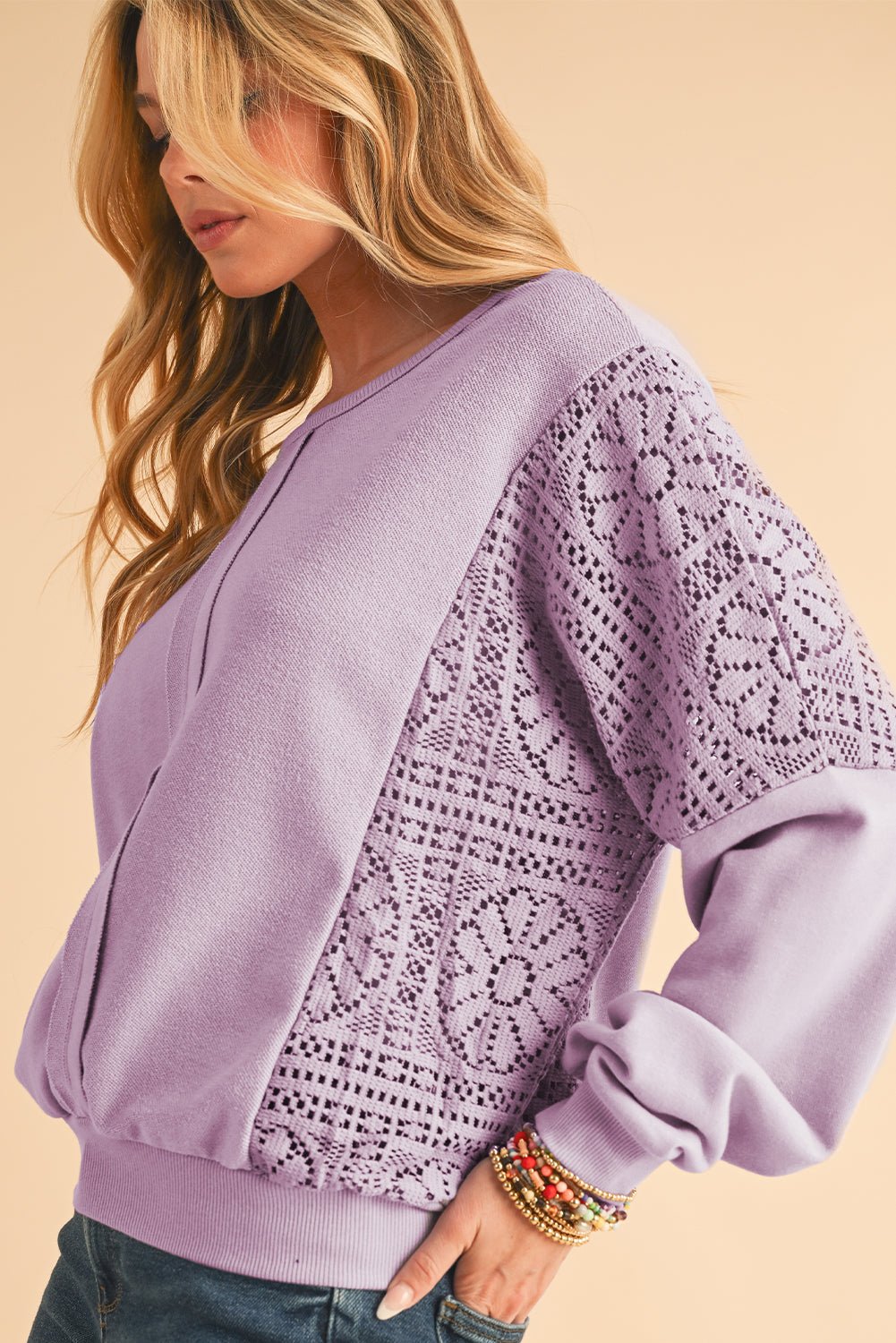 Orchid Petal Crochet Patchwork Exposed Seam Ribbed Trim Sweatshirt - MAD RUFFI