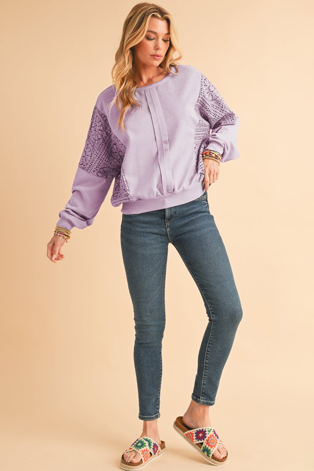 Orchid Petal Crochet Patchwork Exposed Seam Ribbed Trim Sweatshirt - MAD RUFFI