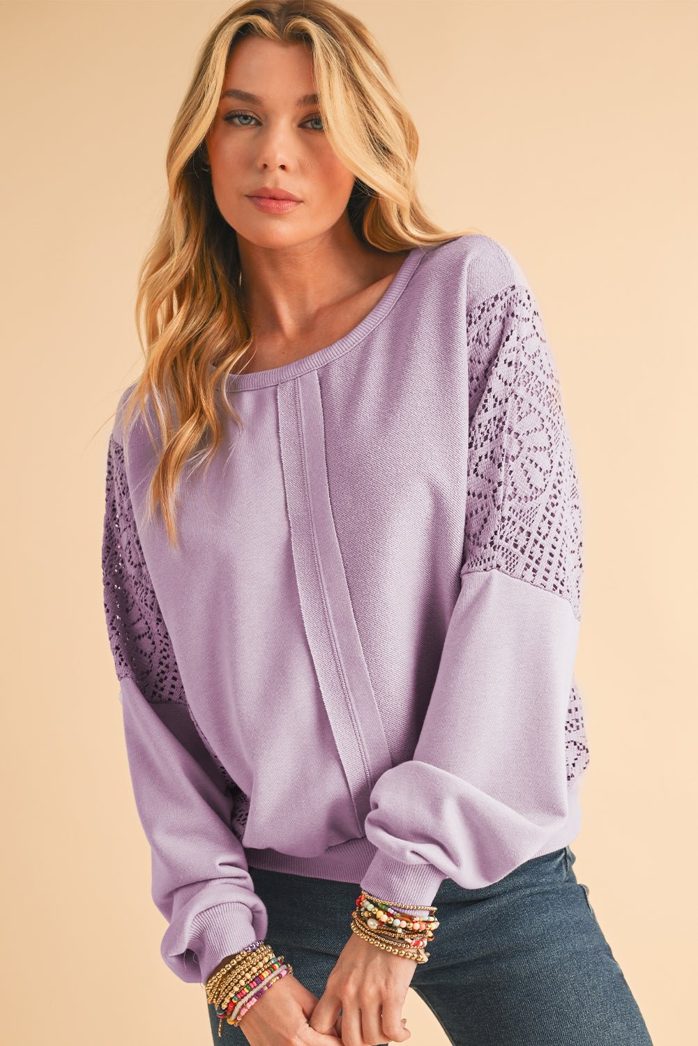Orchid Petal Crochet Patchwork Exposed Seam Ribbed Trim Sweatshirt - MAD RUFFI