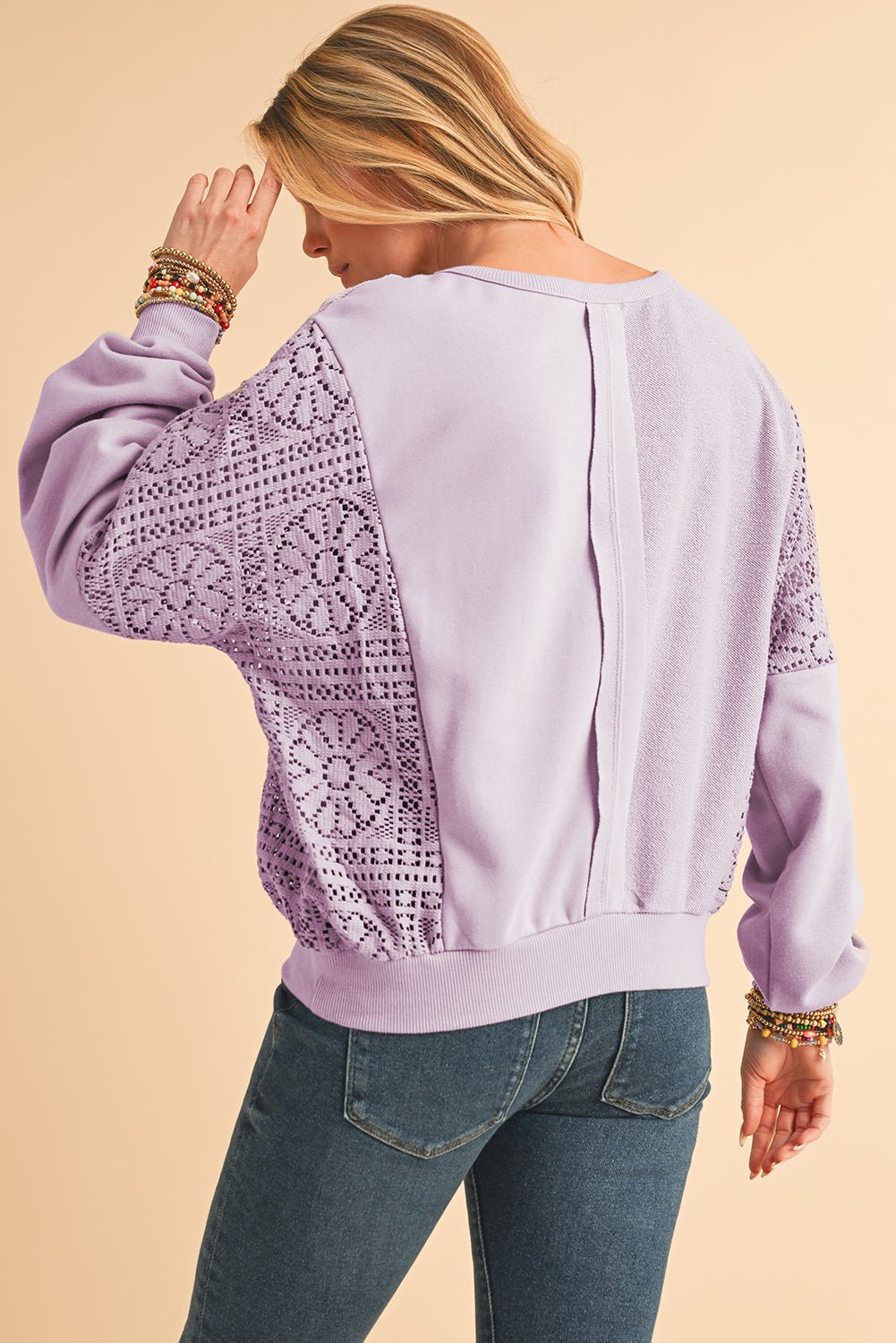 Orchid Petal Crochet Patchwork Exposed Seam Ribbed Trim Sweatshirt - MAD RUFFI