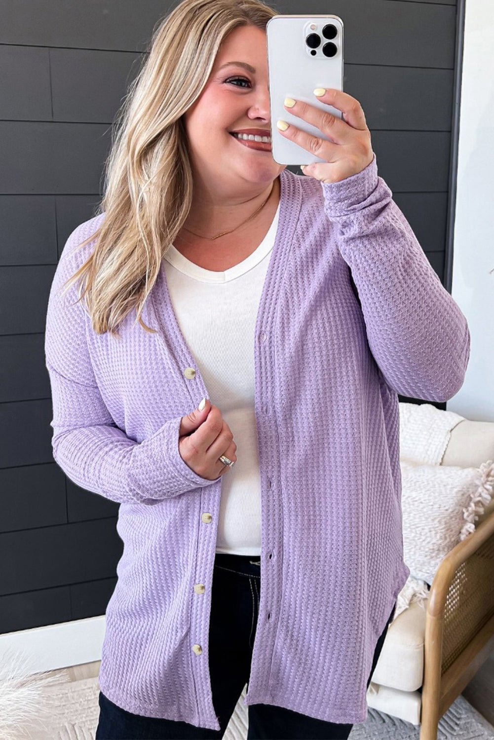 Orchid Petal Plus Size Waffle Knit Button Front Cardigan - MAD RUFFI