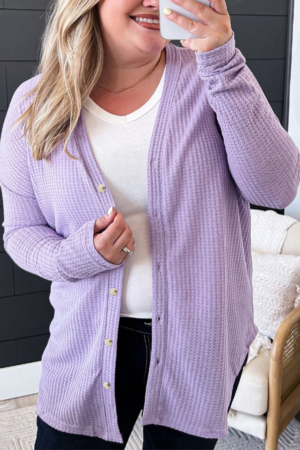 Orchid Petal Plus Size Waffle Knit Button Front Cardigan - MAD RUFFI