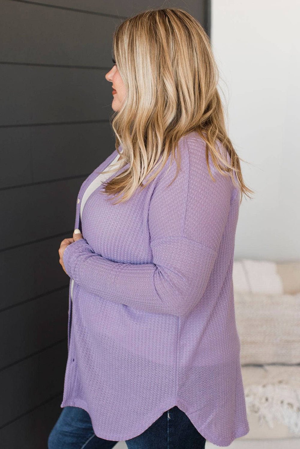 Orchid Petal Plus Size Waffle Knit Button Front Cardigan - MAD RUFFI