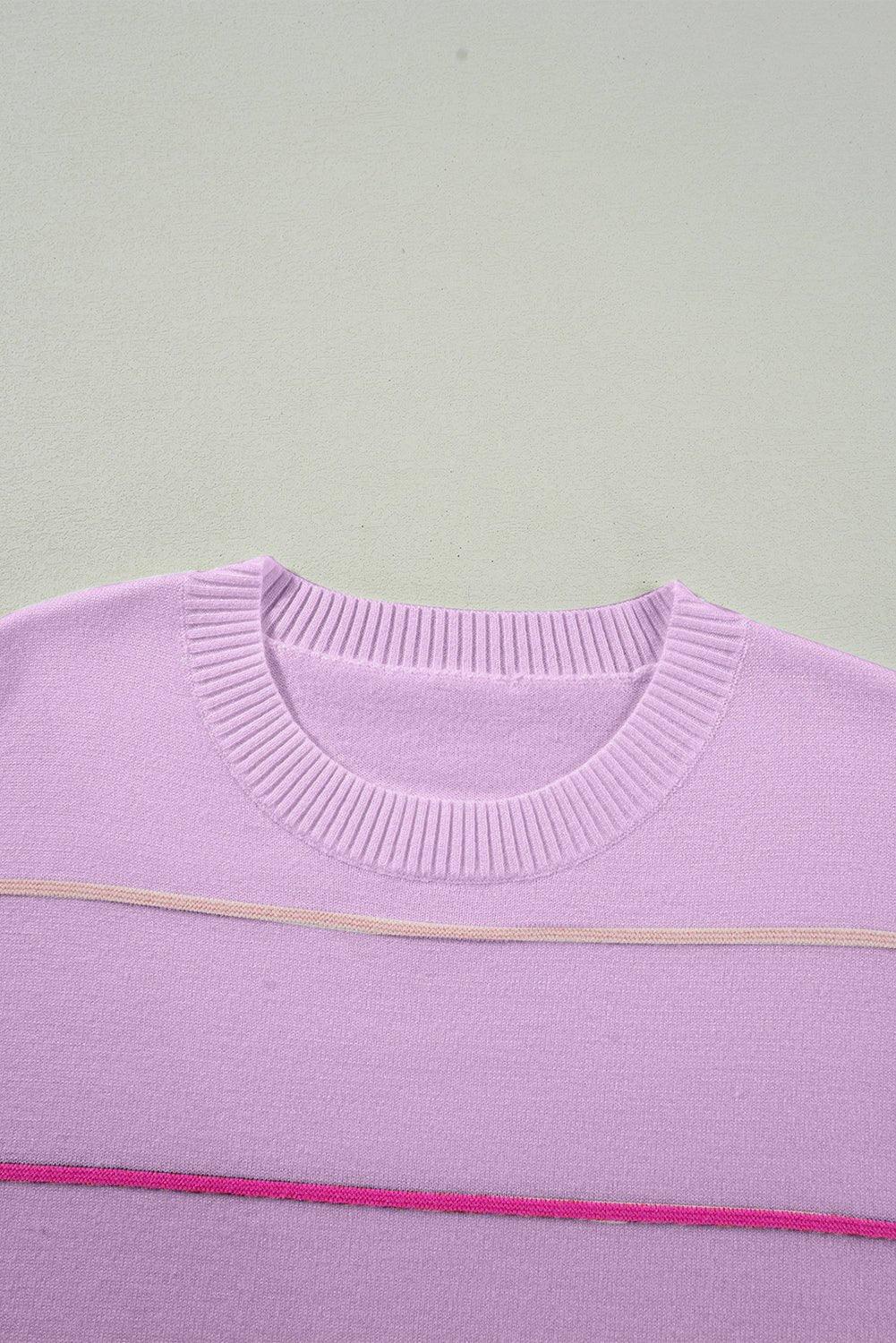 Orchid Petal Striped Half Sleeve Drop Shoulder Sweater - MAD RUFFI