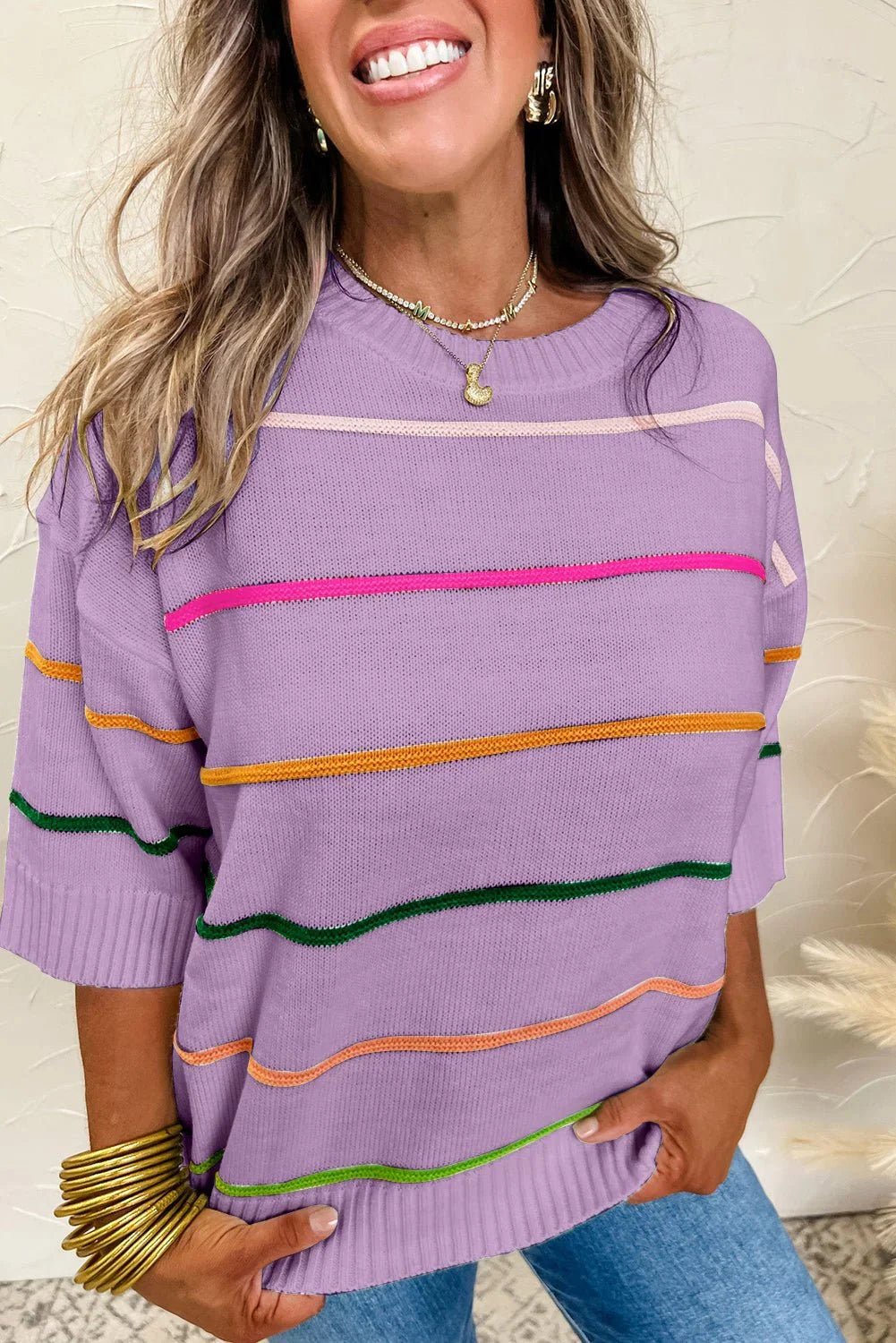Orchid Petal Striped Half Sleeve Drop Shoulder Sweater - MAD RUFFI
