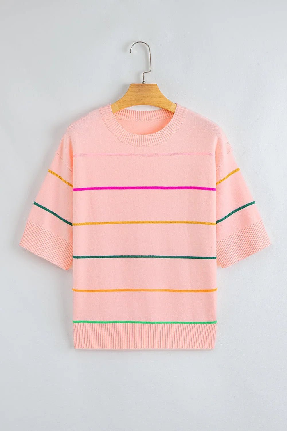 Orchid Petal Striped Half Sleeve Drop Shoulder Sweater - MAD RUFFI