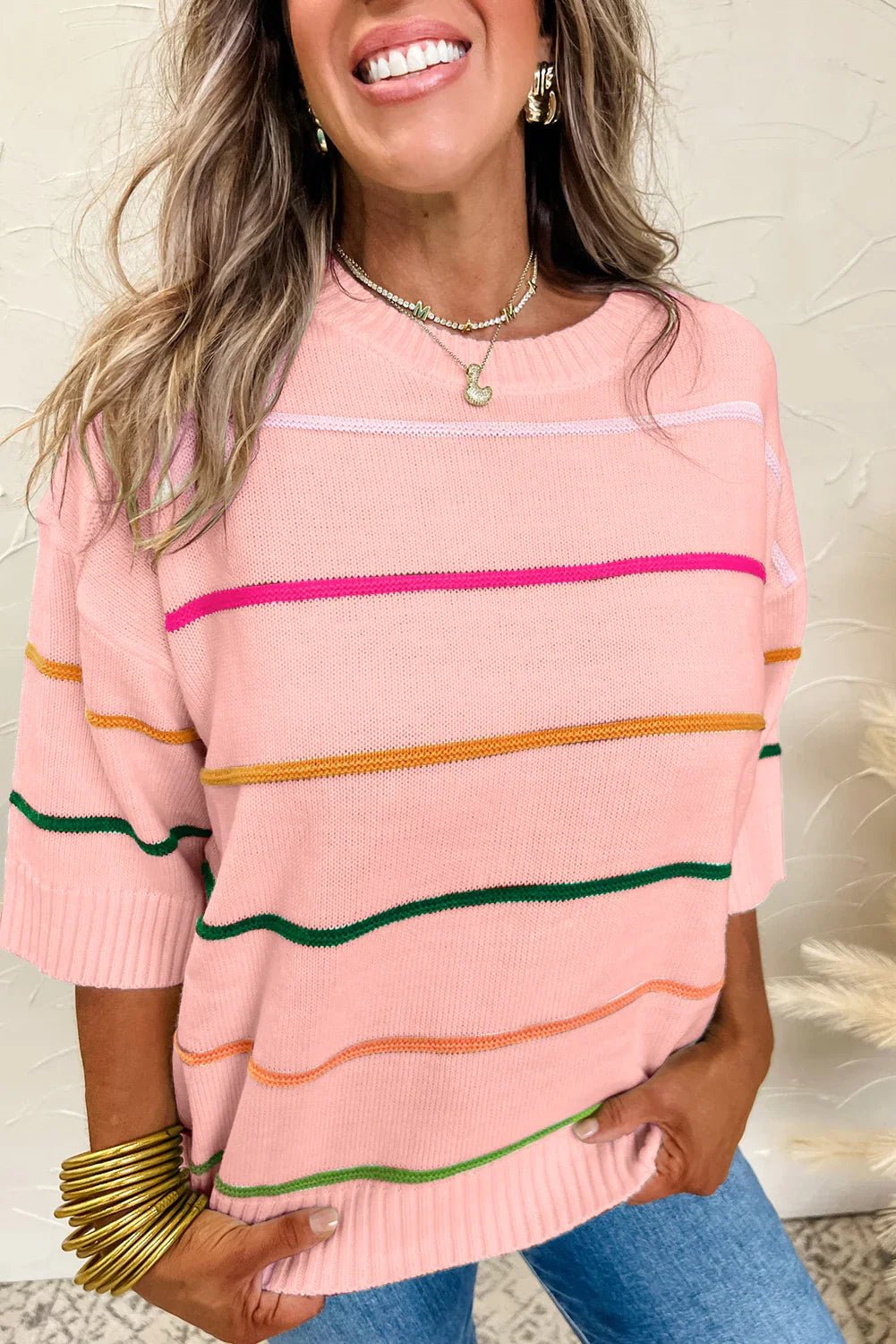 Orchid Petal Striped Half Sleeve Drop Shoulder Sweater - MAD RUFFI