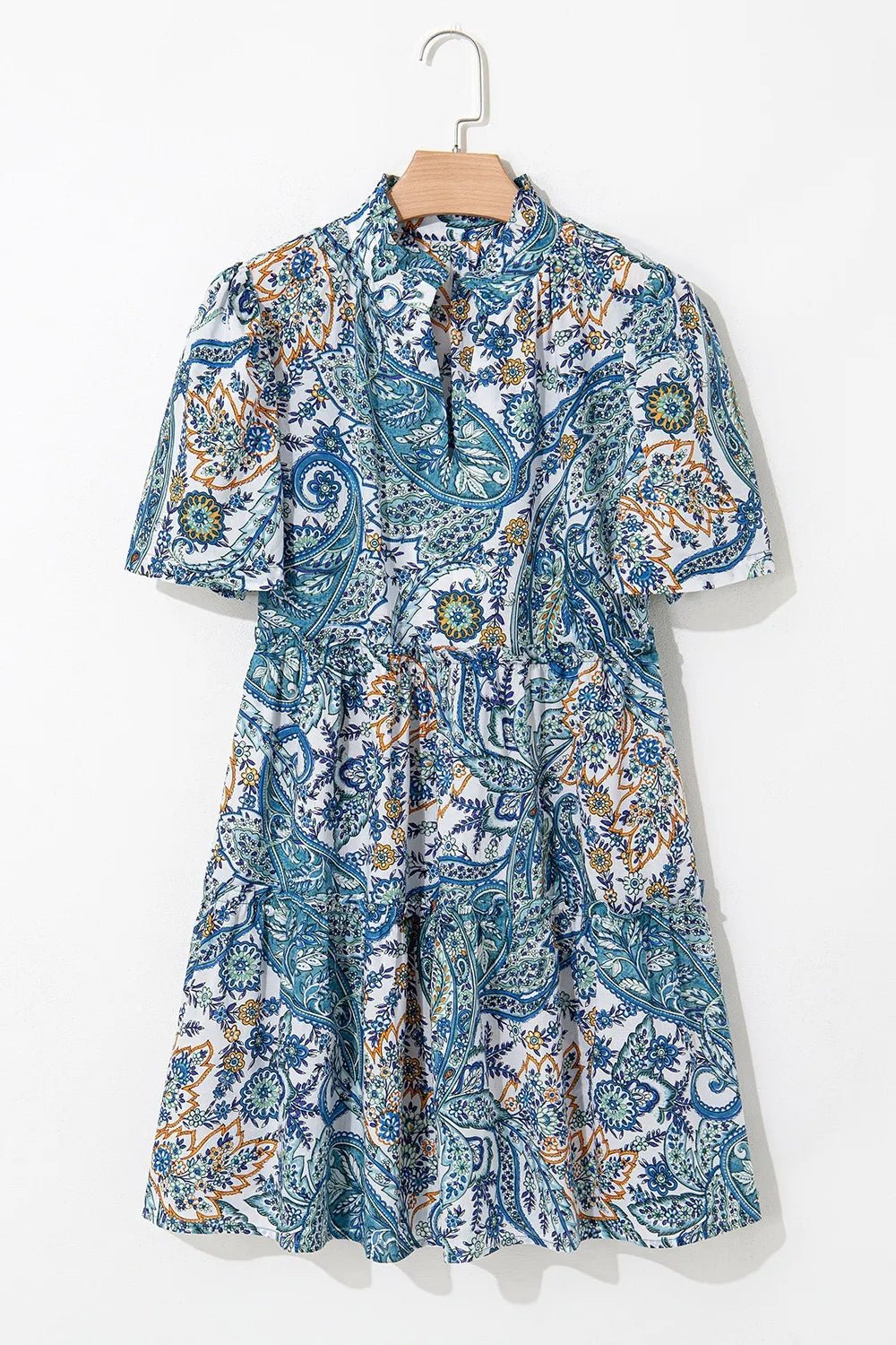 Paisley Floral V Neck Short Sleeve Mini Dress - MAD RUFFI