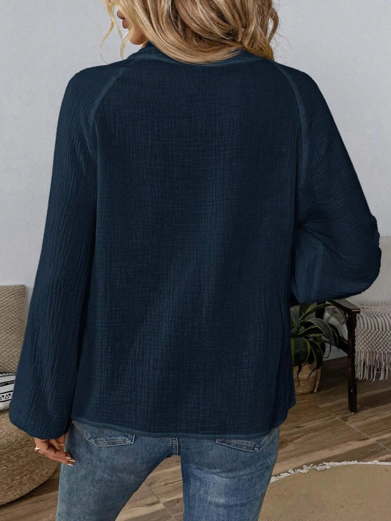 Paisley Pattern Notched Long Sleeve Blouse - MAD RUFFI