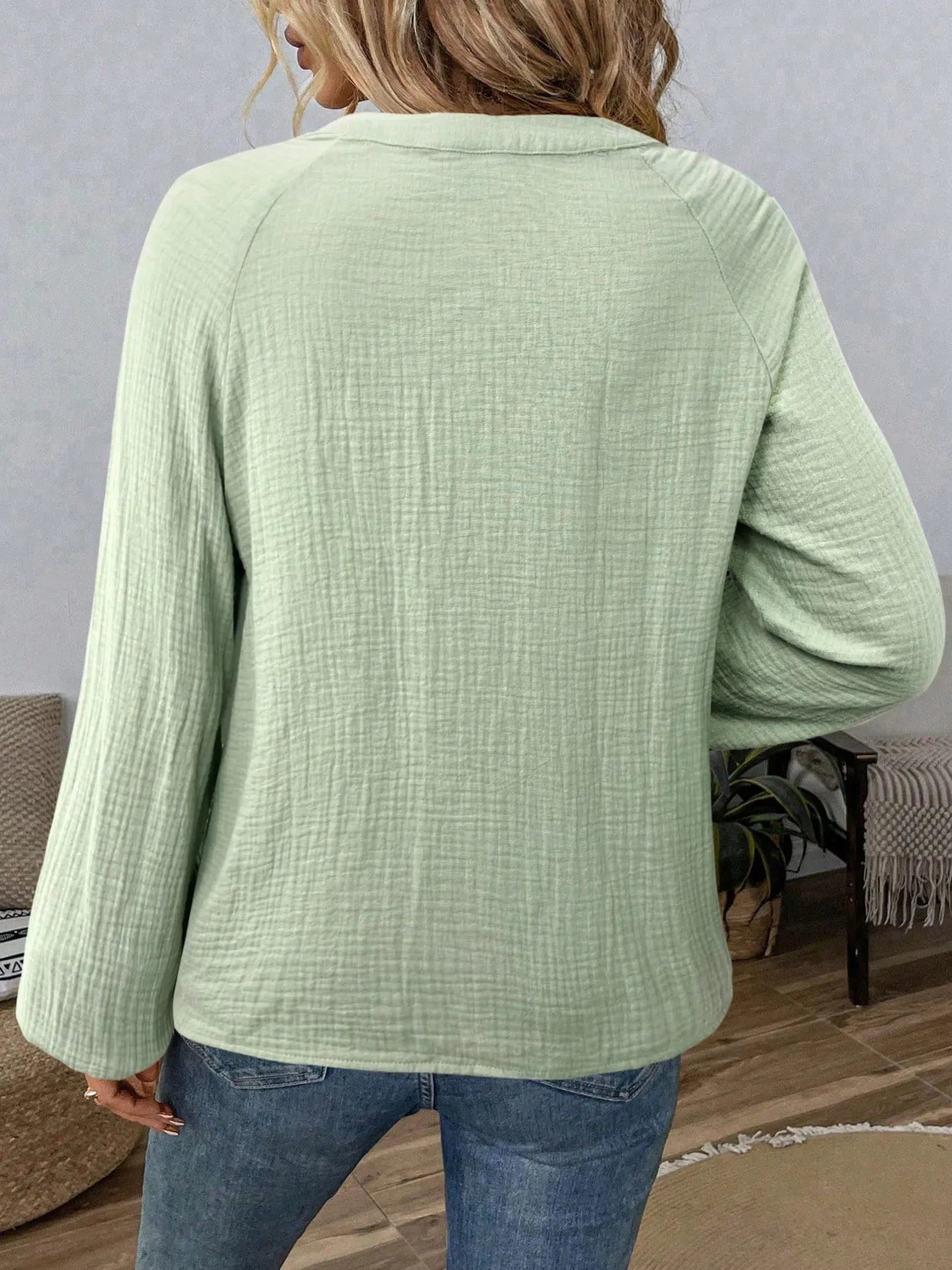 Paisley Pattern Notched Long Sleeve Blouse - MAD RUFFI