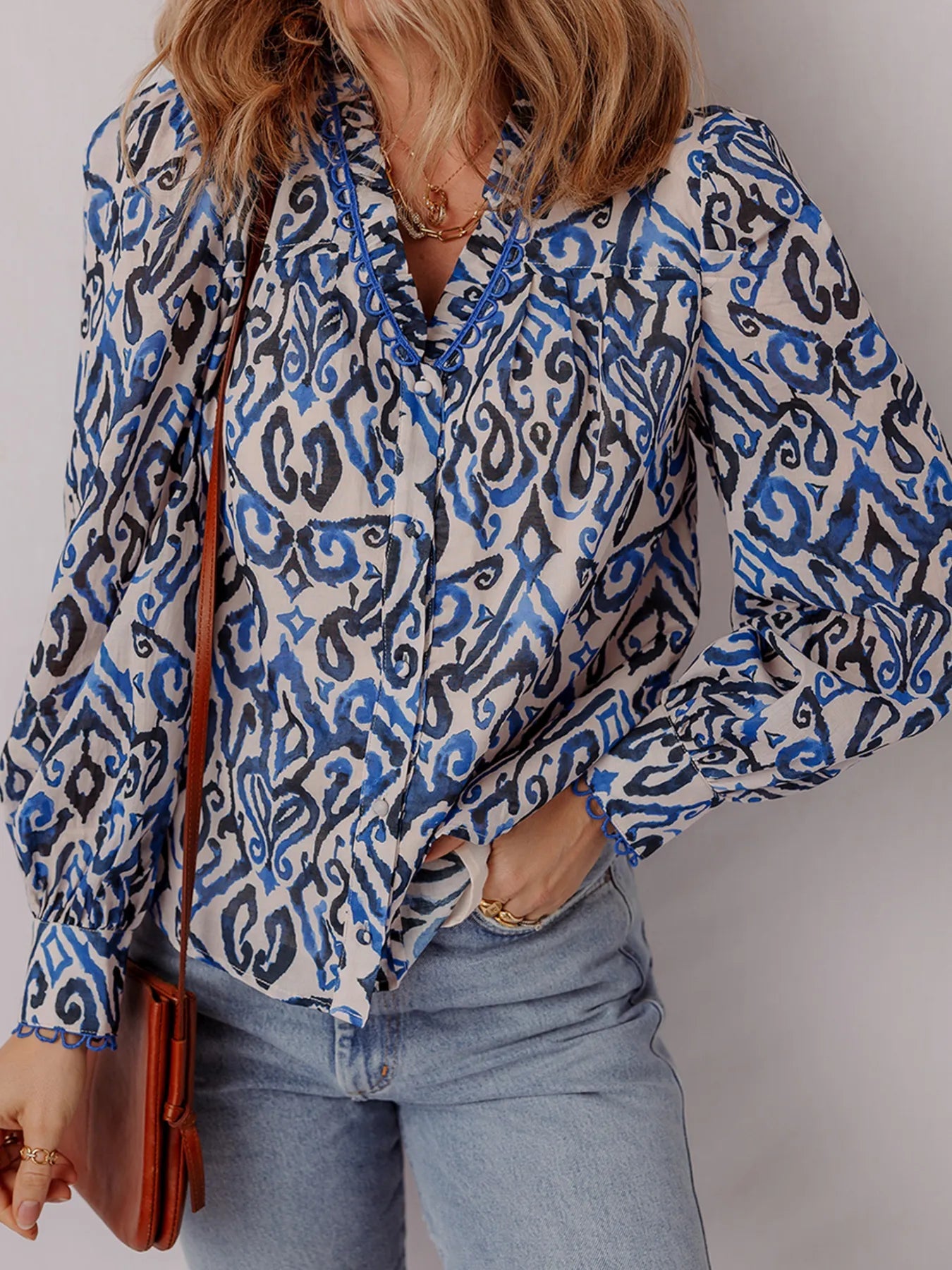Paisley Print Long Sleeve Blouse - MAD RUFFI
