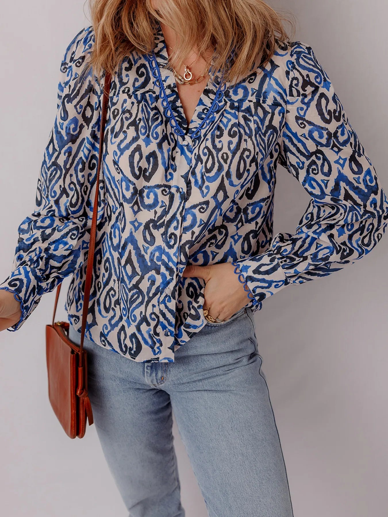 Paisley Print Long Sleeve Blouse - MAD RUFFI