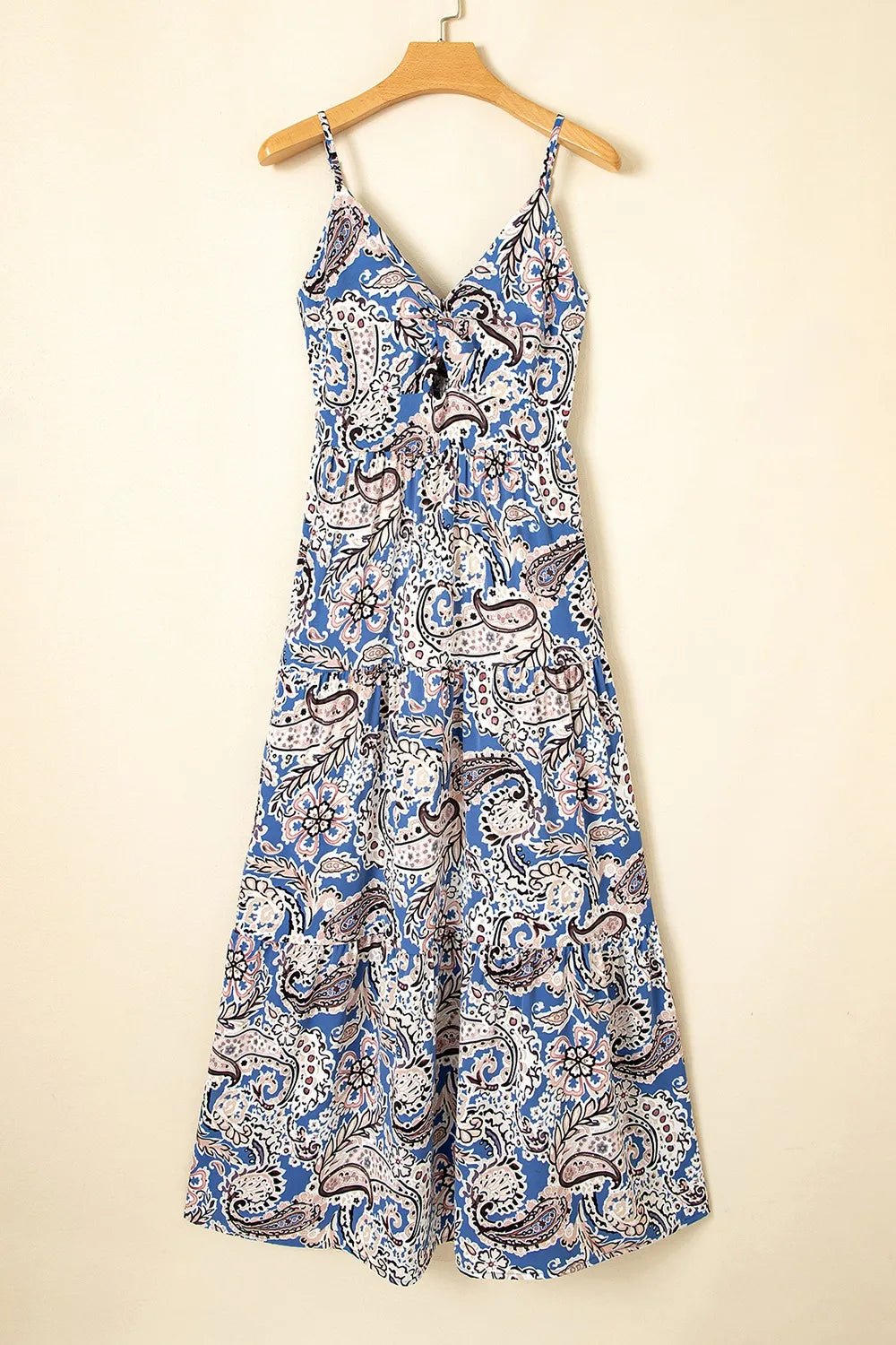 Paisley Print Twist Detail Smocked Back Spaghetti Straps Dress - MAD RUFFI